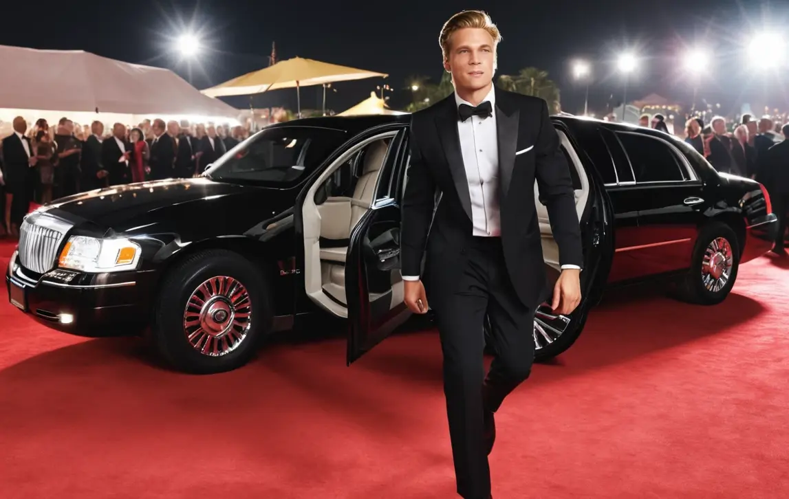 A man in a suit steps out of a limousine on a red carpet and enjoys the spotlight